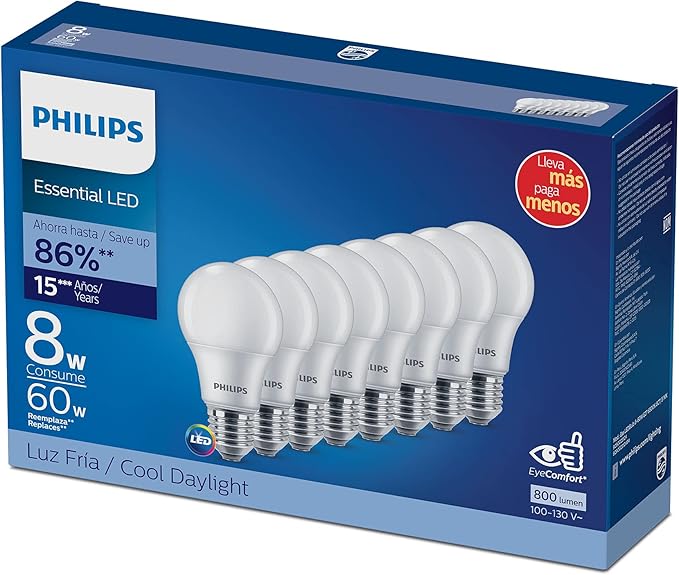 Philips LED Paquete de 8 Focos A19 de Luz Fría