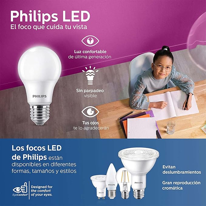 Philips LED Paquete de 8 Focos A19 de Luz Fría
